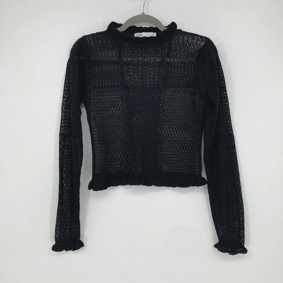 Zara Pointelle Knit Sweater Womens MEDIUM Black Open Crochet Goth Witchy - Picture 1 of 12